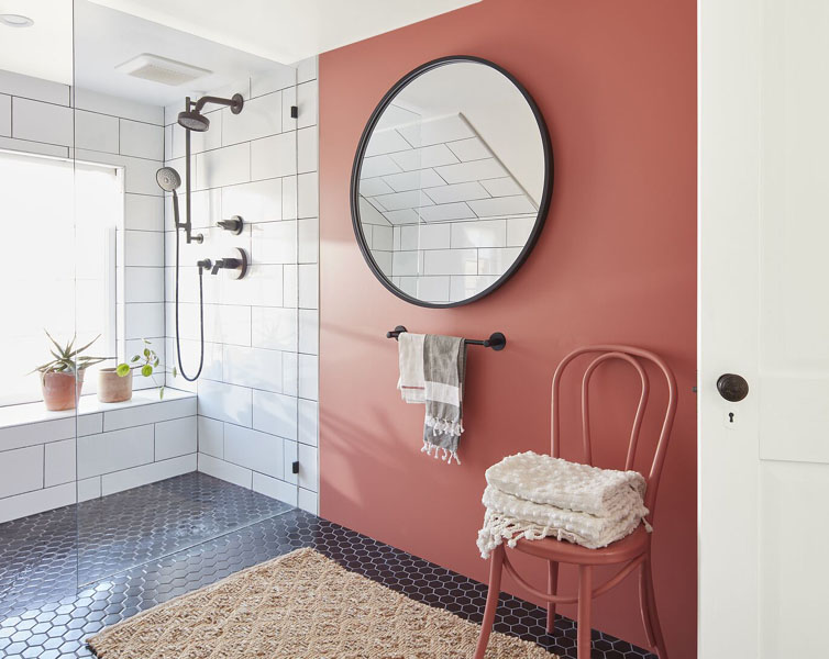 A walk-in shower room featuring  black hexagonal floor tiles and a large round black mirror. The wall is painted in Wild Flower 2090-40 and the door is painted in Steam AF-15.