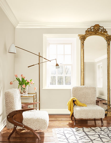 A sitting room with an large decorative floor to ceiling mirror. Walls are painted in Sea Salt CSP-95 while woodwork and the ceiling is painted in Glacier White OC-37.